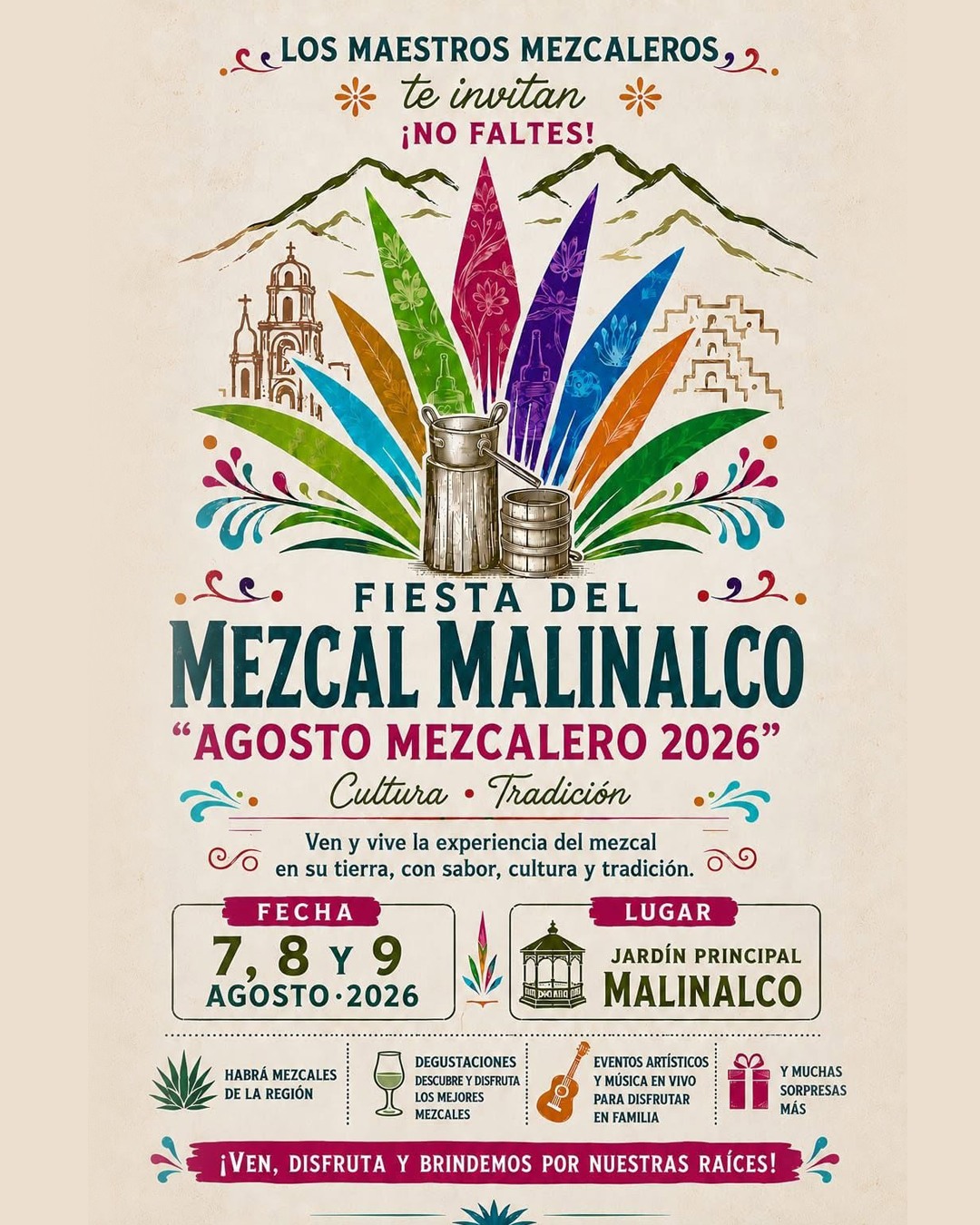 ✨Recomendación CLA Malinalco Villas | Fiesta del Mezcal Malinalco 2026 ✨
📅 7, 8 y 9 de agosto de 2026
¡Vive uno de los eventos más esperados del año en Malinalco! 🥃🌿 Descubre la tradición mezcalera de la región con degustaciones, mezcales locales, música en vivo, eventos artísticos y muchas sorpresas para disfrutar en familia.
📍 Jardín Principal de Malinalco
En CLA Malinalco Villas te invitamos a disfrutar de Malinalco durante tu estancia y ser parte de esta gran celebración que reúne cultura, tradición y el sabor de nuestras raíces.
¡Ven, disfruta y brindemos por Malinalco! ✨🥂
